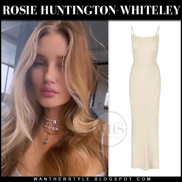 Rosie Huntington-Whiteley in Skims long beige slip dress on April 12 ~ I  want her style - What celebrities wore and where to buy it. Celebrity Style