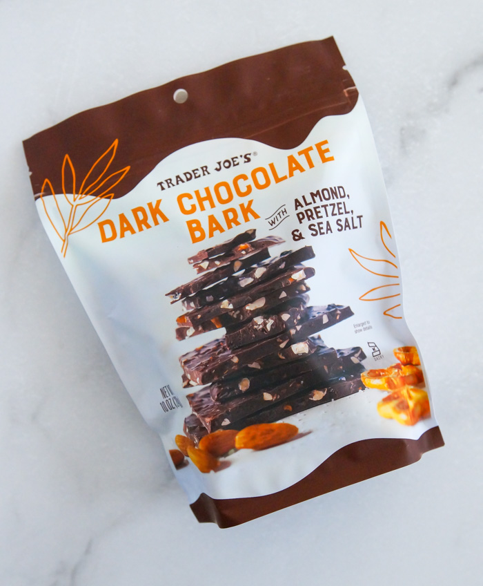 Trader Joe's Dark Chocolate Bark with Almond, Pretzel & Sea Salt package