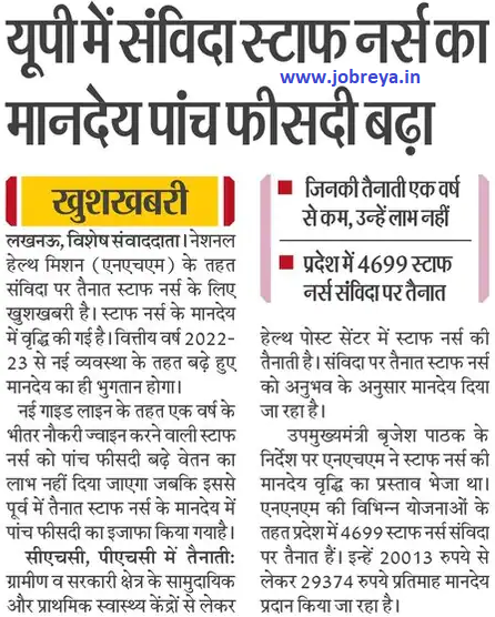 Honorarium of contractual staff nurse posted under NHM increased by 5% in UP notification latest news update 2022 in hindi