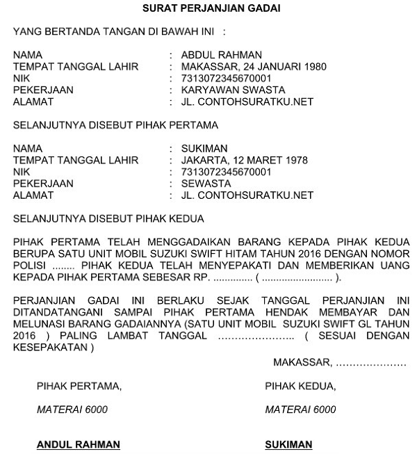 Contoh Surat Perjanjian Gadai Mobil Masih Kredit Yang Sah Aneka Contoh Surat Yang Baik Dan Benar