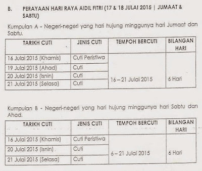 Tarikh Cuti Sekolah Sempena Aidilfitri 2015