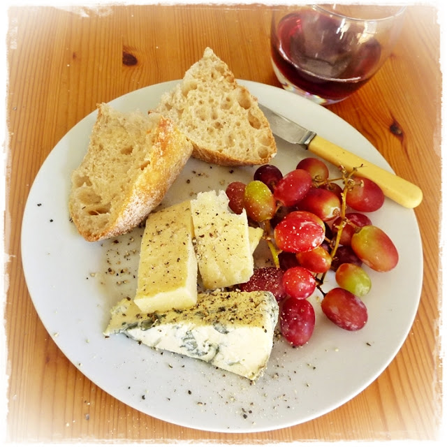 sourdough bread, cheese, grapes, lunch