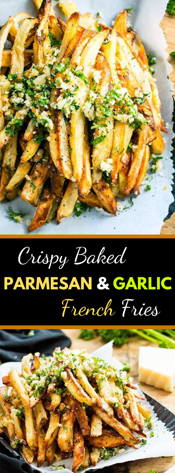 CRISPY BAKED PARMESAN GARLIC FRIES #vegetarian #glutenfree