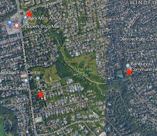 Map of the parking lots to visit Windfield Park in Toronto