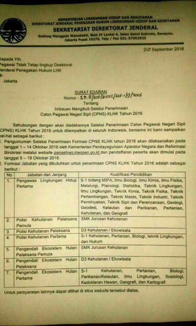 Lowongan Kerja CPNS Kementerian Lingkungan Hidup Dan Kehutanan Terbaru Oktober 2016 Untuk SMK D3 S1