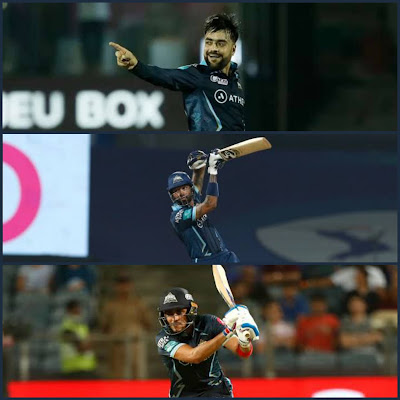 Gujarat Titans players - Hardik Pandya, Rashid Khan and Shubman Gill