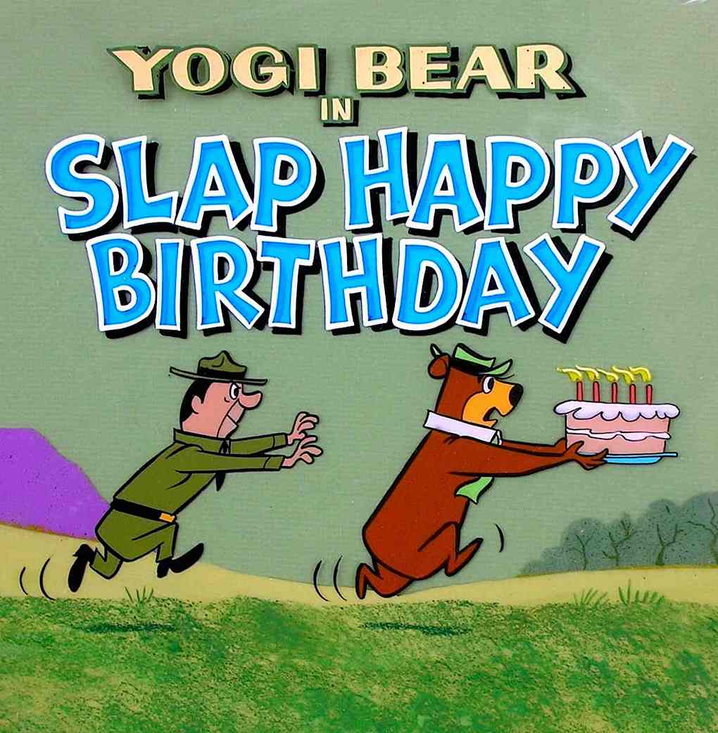 a Hanna Barbera television animation title "Yogi Bear in SLAP HAPPY BIRTHDAY". Ranger Smith chases Yogi stealing a cake.