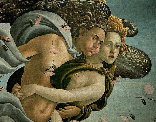 Imagen: Detalle de Céfiro y Cloris impulsando con su soplido a la diosa Venus para que llegue a la orilla.