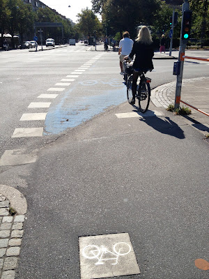 bikes here in Sweden have their own lane beside the pedestrian lane