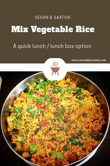 mix vegetable rice is very simple yet flavorful at the same time .There are no spl fancy spice mixes needed just the usual ones we have in our kitchen shelves. You can quickly prepare this flavourful rice for your lunch .it is vegan and GF friendly too.