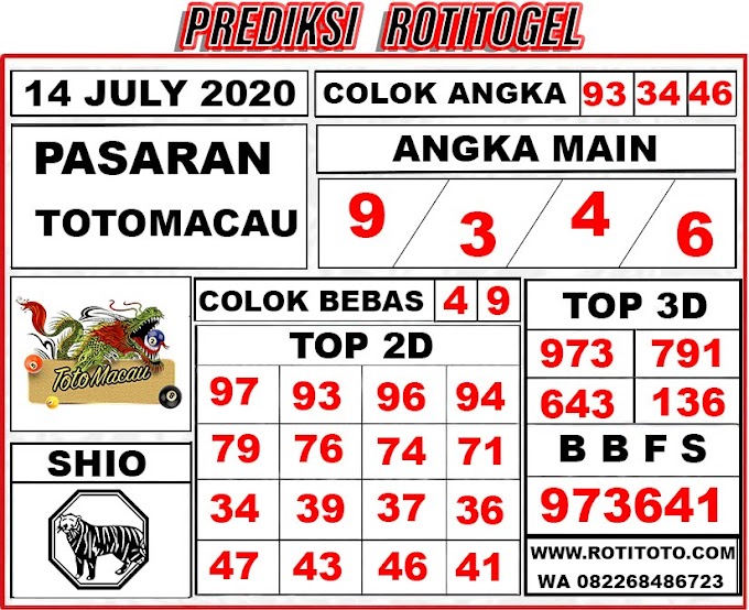 PREDIKSI NOMOR KELUAR TOTOMACAU HARI INI SELASA 14 JULY 2020