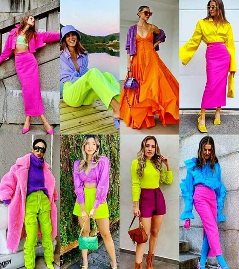 Cores de look neon roupas tendência de moda