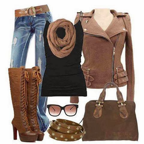 Brown scarf, jeans, brown trench coat, black blouse, extra long boots and handbag for fall