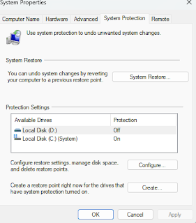 Create a Restore Point in system properties