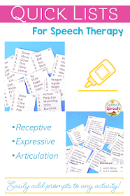 Pop one of these handy speech and language lists on any activity to instantly add receptive language, expressive language or articulation prompts for each student. Makes progress monitoring and data collection super simple too. #speechsprouts #speechtherapy