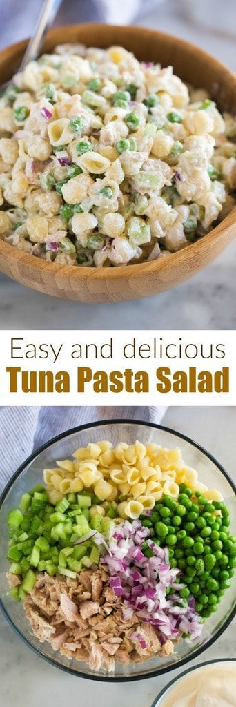 05/18 - Tuna Pasta Salad with shell noodles, peas, tuna, celery, and a creamy Greek Yogurt Sauce