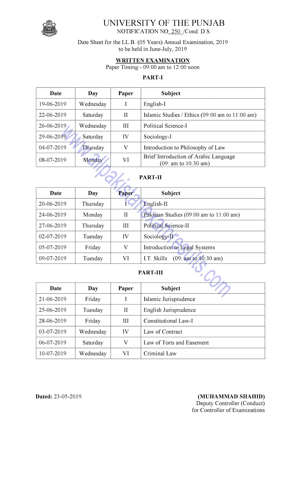 Date Sheet LLB 5 Years Annual 2019