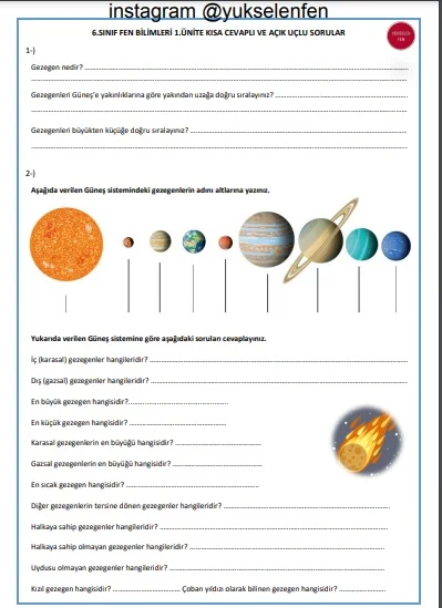 Fen Bilimleri 6.Sınıf 1.Ünite Çalışma Kağıdı