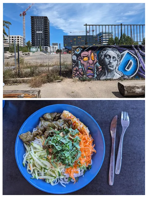 Street art and Thai noodle bowl collage at Heat Food Hall in Lyon