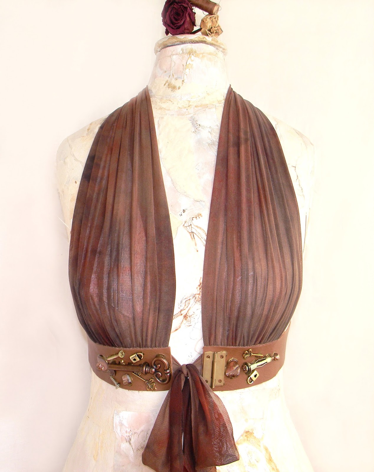 Steampunk Leather Harness with Mocha Dradient Tulle Sexy Underbust Top