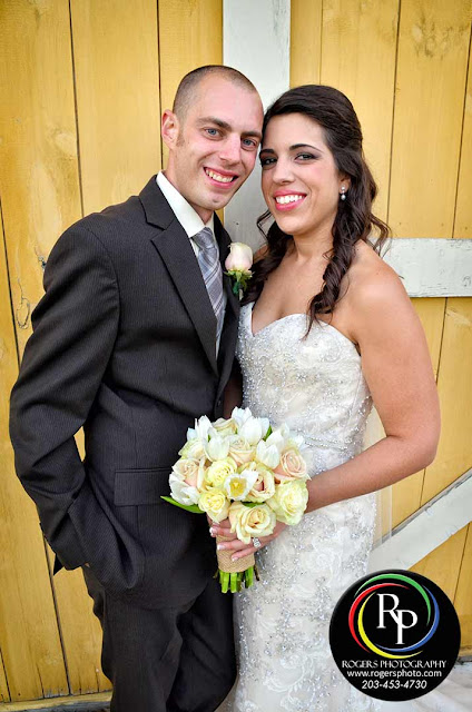 Bride & Groom by barn at The Ranch Golf Course Southwick Ma