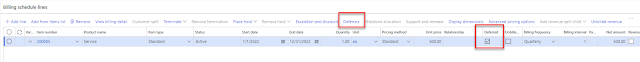 Screenshot of Billing schedule line with Deferred column highlighted as well as the Deferrals button on the line level.