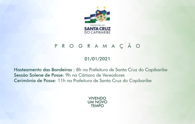 Veja a programação da solenidade de Posse do prefeito, vice, vereadores e secretários municipais em Santa Cruz