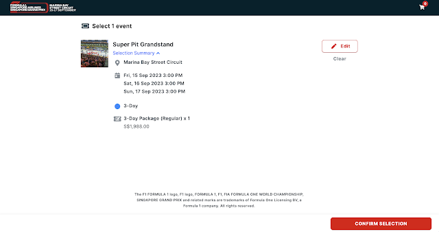 F1シンガポールGP公式サイトでの購入手順ー枚数と金額確認スクリーンショット