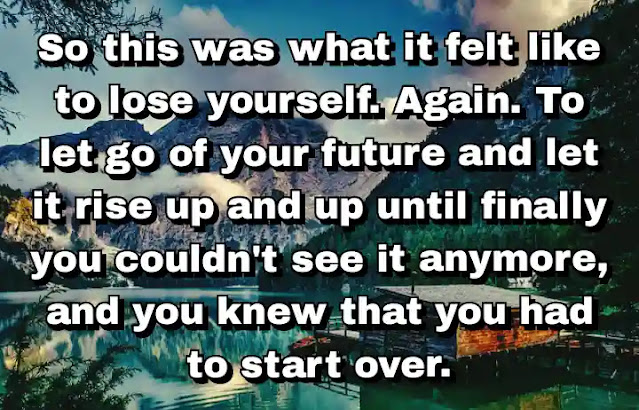 "So this was what it felt like to lose yourself. Again. To let go of your future and let it rise up and up until finally you couldn't see it anymore, and you knew that you had to start over." ~ Dan Chaon