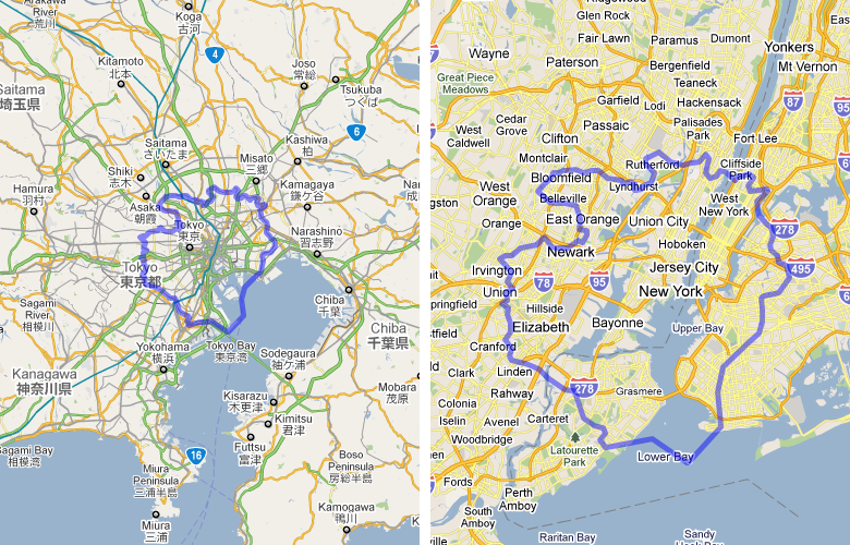 Google Maps New Zealand. Tokyo vs New York