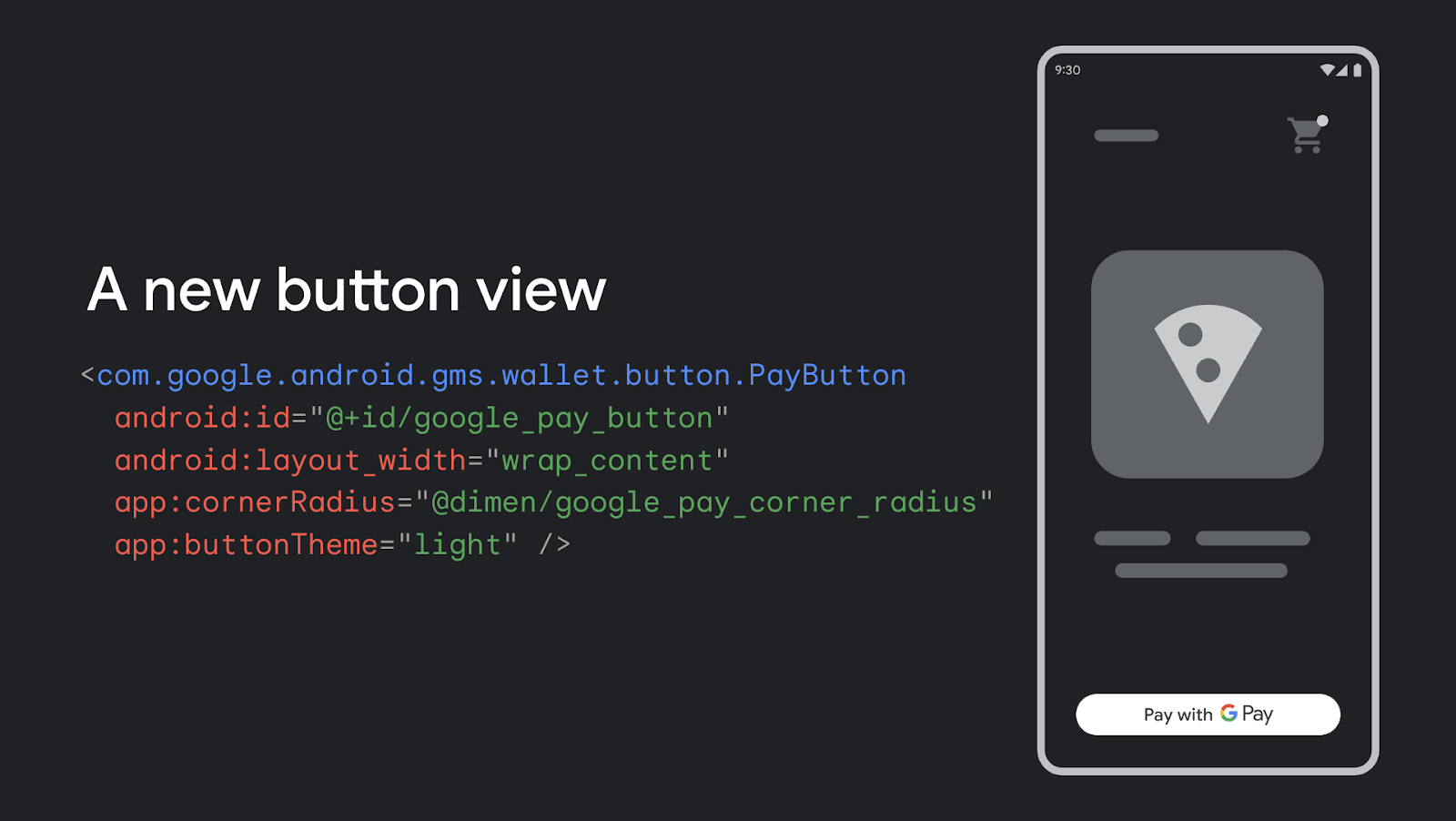 image of an example implementation showing how you can add and configure the new button view directly to your XML layout on Android