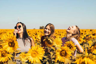 Mujeres caminando entre girasoles en un post sobre la práctica del Pilates