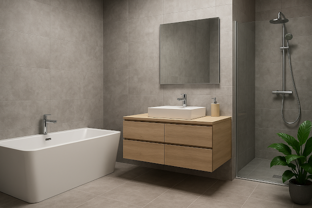 Kamar mandi modern dengan panel dinding tahan air efek batu abu-abu, bathtub putih, shower, dan meja rias gantung kayu.