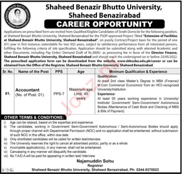 Latest Shaheed Benazir Bhutto University Accounting Posts Nawabshah 2022