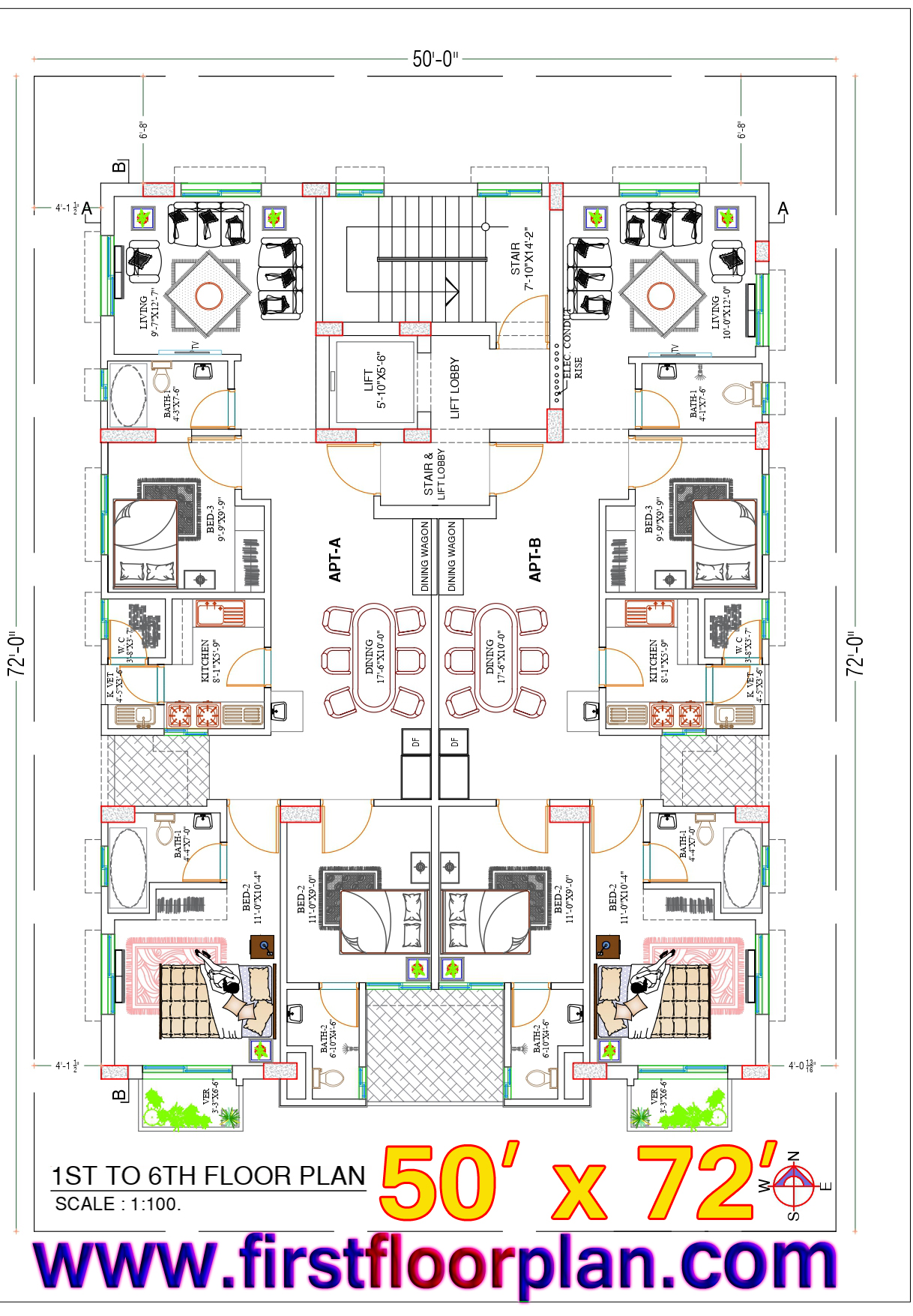 3600 Square Feet 50x72 House plan - Typical Floor Plan