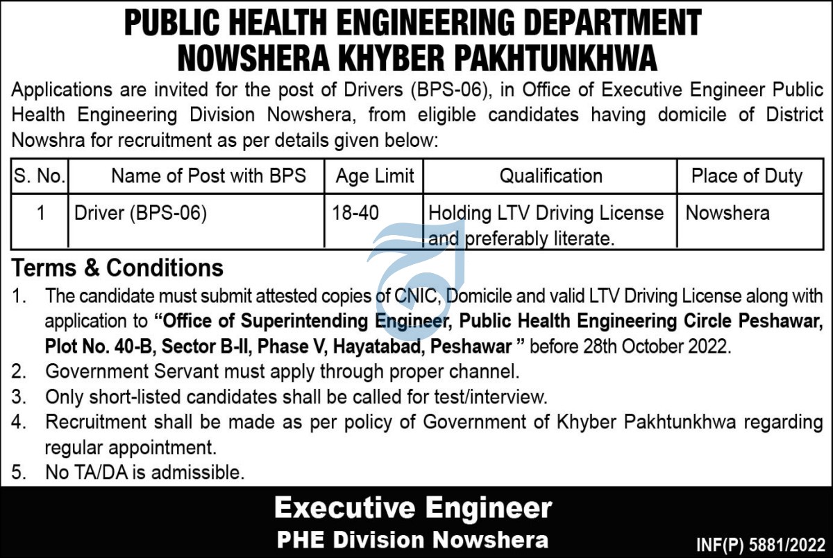 Latest Public Health Engineering Department Driving Posts Nowshera 2022