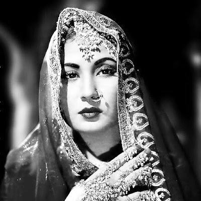 black and white image of Bollywood actress Meena Kumari in full traditional Indian dress 