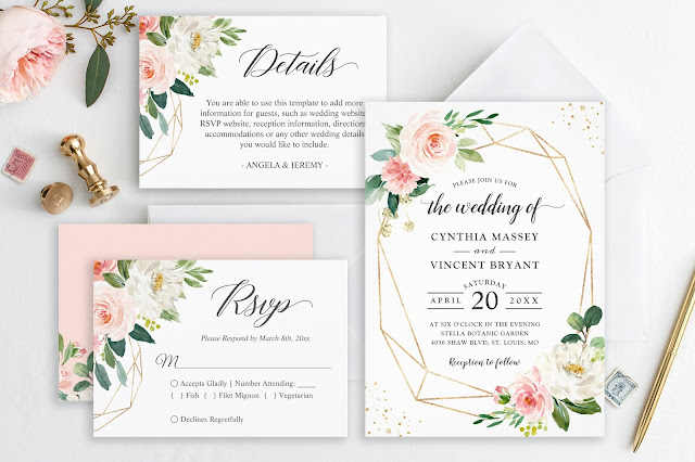 Geometric Blush Elegance Floral Wedding Invitation Suite