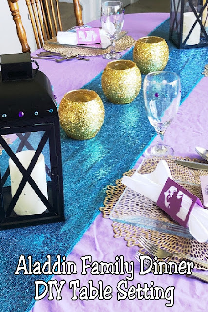 Have some family fun with an Aladdin family dinner. Check out these easy DIY table decorations and ideas to help create a magic table scape. #aladdinparty #dinnerparty #tablescape #tabledecoration #diypartymomblog