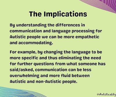 Slide 5 – title “The Implications” with text: “By understanding the differences in communication and language processing for Autistic people we can be more empathetic and accommodating. For example, by changing the language to be more specific and thus eliminating the need for further questions from what someone has said/asked, communication can be less overwhelming and more fluid between Autistic and non-Autistic people.”