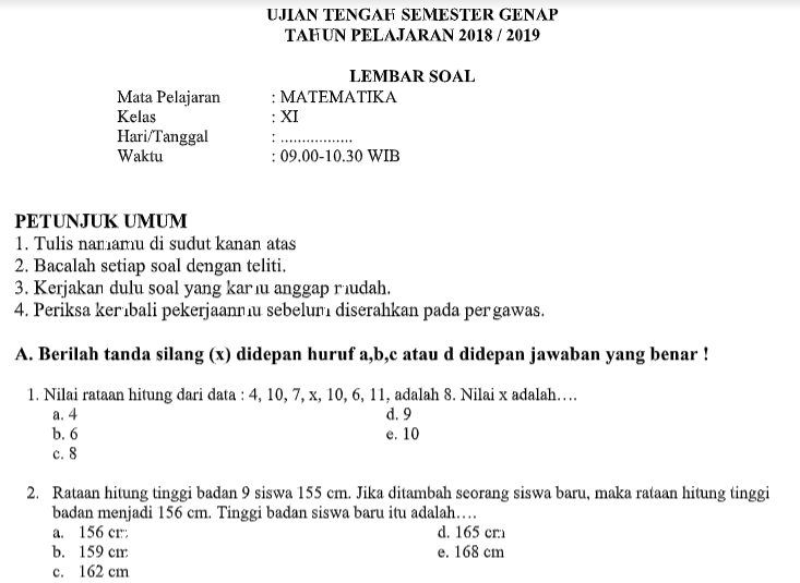 Contoh Soal Uts Matematika Kls 11 Sma Ma Semester 2 Contoh Soal