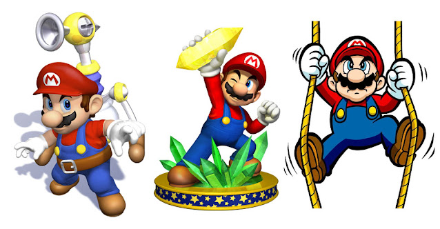 Artes de Super Mario Sunshine, Mario Party 5 e Mario vs. Donkey Kong em que Mario aparece sério.