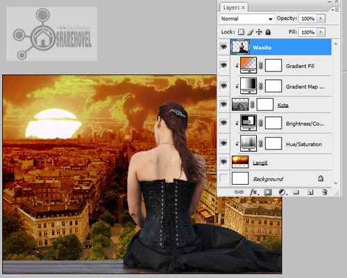 Masukan gambar wanita dan atur posisinya - trik cara membuat efek sunset di photoshop