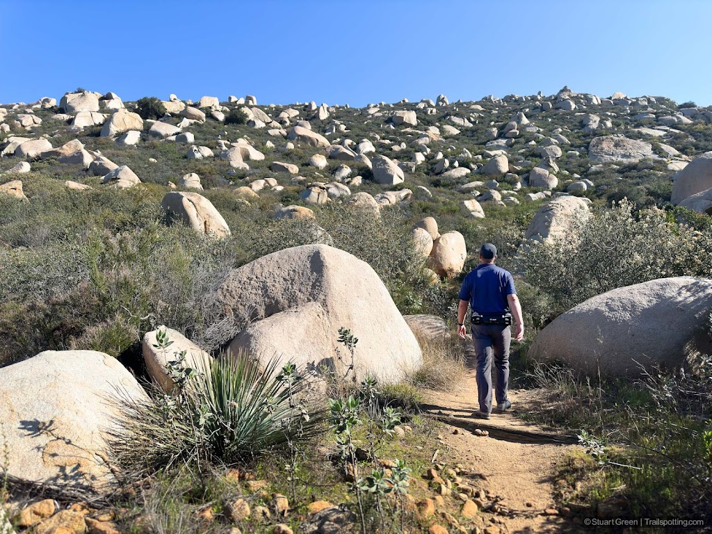 Hiker on a trail, surrounded by wind-worn sandstone boulders that litter the hillside.