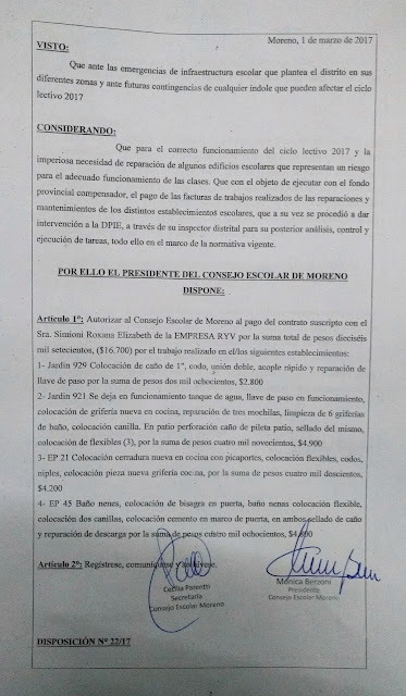 Disposición N° 22/17: Autorización de pago a la empresa RYV por trabajos realizados en Jardin 929, Jardin 921, EP 21 y EP 45