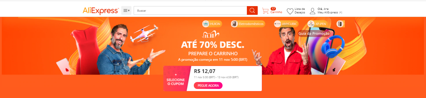 carrinho de compras promocao aliexpress 11.11 dia do solteiro