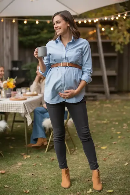 Button-Down Shirt + Skinny Jeans + Belted Bump