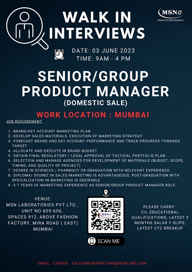 MSN Laboratories | Walk-in interview for Senior/ Group Product Manager on 3rd June 2023