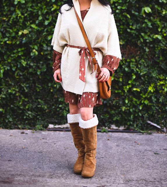 Creme Forever 21 Kimono, handmade dress, Michael Kors leather handbag, Michael Kors suede tan boots