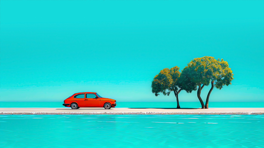 Minimalist composition with a vintage orange car parked by a tranquil turquoise pool, with two lush green trees against a clear cyan sky.